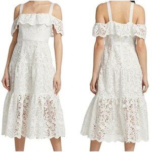 NEW Marchesa Notte White Off Shoulder Guipure Lace Midi Dress $515